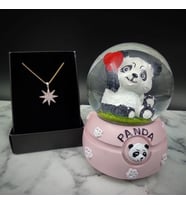 Sevimli Işıklı Panda Kar Küresi& Rose Gold Kutup Yıldızı Zirkon Taşlı Kolye Hediye Seti