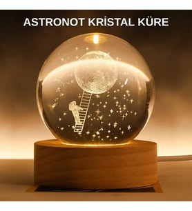 3d Astronot Kristal Küre Gece Lambası Usb Ahşap Standlı Dekoratif Işık
