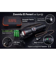 6000 Lümen 60W Şarjlı El Feneri - 2 KM Menzilli 10400 mAh Powerbank 4 Pilli Metal Fener RT-T709
