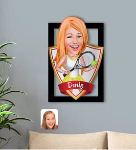 BK Gift Kişiye Özel İsimli Kadın Tenis Oyuncusu Karikatürlü 3D Ahşap Tablo-2