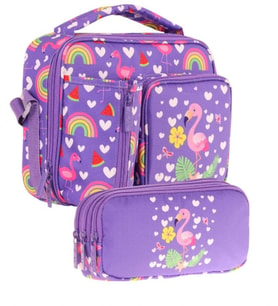 Kaukko Kids Kız Çocuk Pembe Mor Flamingo Üç Bölmeli Thermo Beslenme Çantası ve Kalemlik Seti (L7226+L8226)