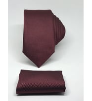 Bordo Renk Mendilli Slim Fit Oxford Kuş Gözü Desen Kravat