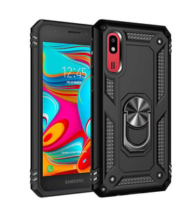 Samsung Galaxy A2 Core Kılıf Yüzüklü Tank Zırhlı Mıknatıslı Standlı Silikon Kapak (Siyah)