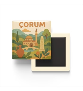 Çorum - Memleket Temalı - Paper Cut Art - Baskılı Buzdolap Magneti Kare - 9x9 cm