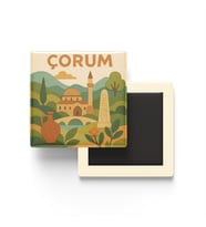 Çorum - Memleket Temalı - Paper Cut Art - Baskılı Buzdolap Magneti Kare - 9x9 cm