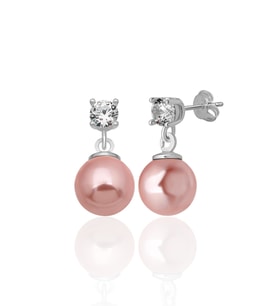 925 AYAR GÜMÜŞ 4 MM ZİRKON TAŞ 8 MM PEMBE KABUK İNCİ SAPLAMALI KÜPE