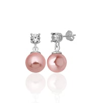 925 AYAR GÜMÜŞ 4 MM ZİRKON TAŞ 8 MM PEMBE KABUK İNCİ SAPLAMALI KÜPE
