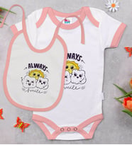 BK Kids Always Smile Tasarımlı Pembe Bebek Body Zıbın ve Mama Önlüğü Hediye Seti-1