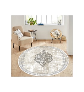 Rovigo Home Dijital Baskı Yıkanabilir Kaymaz Taban Yuvarlak Salon Halısı RVG7295-SD1126 (Krem)