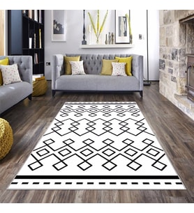 Geometrik Etnik Karo Desenli Dijital Baskı Yıkanabilir Kaymaz Taban Modern Salon Halısı ve Yolluk (Beyaz-Siyah)