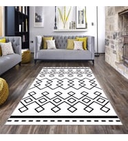 Geometrik Etnik Karo Desenli Dijital Baskı Yıkanabilir Kaymaz Taban Modern Salon Halısı ve Yolluk (Beyaz-Siyah)
