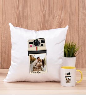 Kişye Özel Polaroid Tasarım Fotoğraflı Kare Yastık ve Sarı Kupa