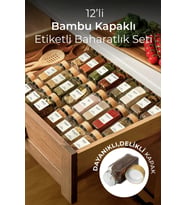 12’li Bambu Kapaklı Kare Cam Baharatlık Takımı / 40 Adet Etiket Hediyeli / 12 li Baharatlık Seti