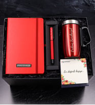 Kişiye Özel 280 ML Kulplu Kırmızı Çelik Termos & Kırmızı Defter & Kırmızı Mat Roller Kalem Hediye Seti