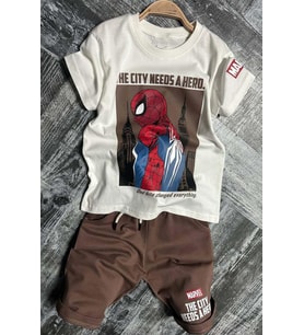 Erkek Çocuk Örümcek Adam Karakter ve Yazı Baskılı T-shirt İp Detaylı Kahverengi