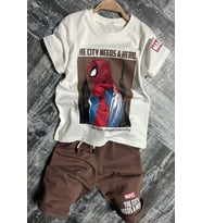 Erkek Çocuk Örümcek Adam Karakter ve Yazı Baskılı T-shirt İp Detaylı Kahverengi