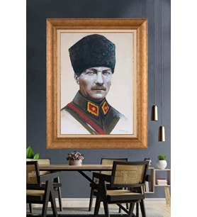 Altın Varaklı Çerçeveli Paspartulu Atatürk Tablo TR1229 (Gold)