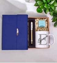 Kişiye Özel Mavi Lüks Termo Deri Defter& Beyaz/Gold Detaylı Roller Kalem& Harf Baskılı Kupa& Teashop Bitki Çayı Hediye Seti