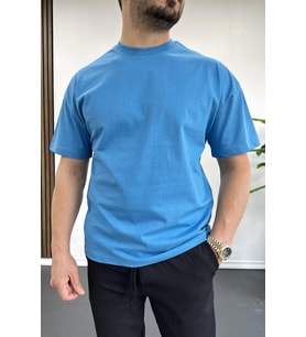 Erkek Oversize %100 Pamuk Nefes Alan Basic T-shirt Mavi Edw038