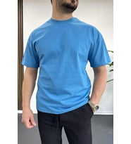 Erkek Oversize %100 Pamuk Nefes Alan Basic T-shirt Mavi Edw038
