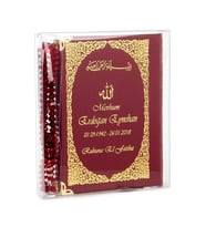 50 ADET - İsim Baskılı Ciltli Yasin Kitabı - Çanta Boy - 128 Sayfa - Tesbihli - Şeffaf Kutulu - Kırmızı Renk - Dini Hediyelik Set