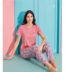 Pijamoni Kadın Viskoz Likralı Düğme Yaka Kaşkorse Patlı Kısa Kol Pijama Takımı 5520-2 / 1 Adet (Pembe)