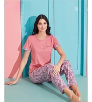 Pijamoni Kadın Viskoz Likralı Düğme Yaka Kaşkorse Patlı Kısa Kol Pijama Takımı 5520-2 / 1 Adet (Pembe)