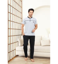Erkek Pijama Takımı -%100 Pamuk -3 Düğmeli-Yaka Roba Biyeli 12608 ENİSENA (Gri)