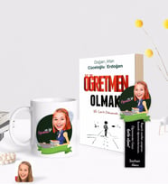 BK Gift Kişiye Özel Kadın En İyi Öğretmen Karikatürlü Beyaz Kupa Ahşap Kitap Ayracı ve Öğretmen Olmak Kitabı Hediye Seti-1