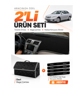 e-biz TOYOTA CAMRY (2006-2012) Uyumlu Torpido Örtüsü + Deri Bagaj Çantası Seti - Siyah-Gri - TO007