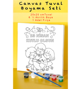 23 Nisan Temalı Baskılı Çocuk Tuval Boyama Seti (20x20 cm) - 6'lı Akrilik Boya ve Fırça Dahil