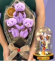Kişiye Özel Led Işıklı Fanus ve Büyük Boy Mor Peluş Ayıcık Buketi - Premium Hediye Seti (Model 9)