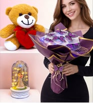 Renkli Led Işıklı Kelebek Buketi Kalpli Peluş Ayıcık Led Işıklı Fanus Premium Hediye Seti (Model 7)