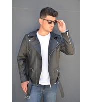 Prifaldi Erkek Biker Kemerli Deri Ceket Siyah