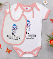 BK Kids Bu Işıltılı Hayatı Ben Seçmedim Tasarımlı Pembe Bebek Body Zıbın ve Mama Önlüğü Hediye Seti-1