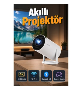 Taşınabilir Akıllı Projeksiyon Cihazı 4K Görüntü Wi-Fi 6 Bluetooth 5.0 Oyun ve Sunum Desteği