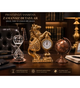 Lüks Prestij Masa Dekorasyon Seti Gold At Figürlü Masa Saati Metal Kum Saat Metal Bronz Dünya Küresi
