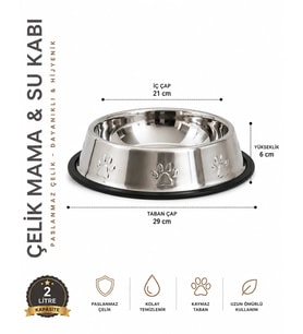 Köpekler İçin Pati Desenli Çelik Su Kabı 30 Cm - 64 Oz - 2 LT