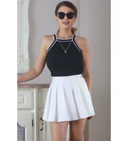 Kadın Ekru Tok Doku Pileli Şort Etek