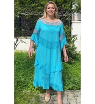 AKŞEN GİYİM BÜYÜK BEDEN OTANTİK PAMUK VUAL KUMAŞ  DANTEL DETAYLI 40-42-44-46-48-50 BEDENLERE UYGUN STND ELBİSE (Turkuaz)