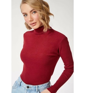 Kadın Kaşkorse Boğazlı Full Likralı Fitilli Body Kazak - Bordo