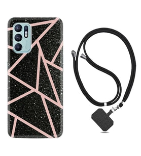 Oppo Reno 6 Kılıf Resimli Boyun Askılı İpli Desenli Silikon Pembe Şeritli Mermer 1312