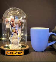 Kişiye Özel Tasarım Led Işıklı Fanus ve Turkuaz Kupa Bardak Hediye Seti (Model 2)