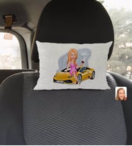 BK Gift Kişiye Özel Plakalı Kadın Lamborghini Karikatürlü Dikdörtgen Araç Koltuk Yastığı-1