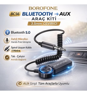 Borofone BC56 Araç İçi Bluetooth to Aux 3.5mm Çevirici Araç Kiti Mikrofonlu
