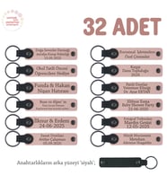Atölye Çalışmalarına Katılanlara, 32'li Set, İsim Yazılı Hatıra Deri Anahtarlık, Pudra & Siyah
