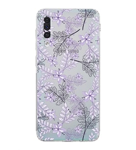 Samsung Galaxy A50   Kamera Korumalı  Kapak Floral Lila Tasarımlı  Şeffaf Kılıf