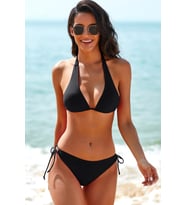 Kadın Siyah Belden, Boyundan Bağlamalı ve Ayarlanabilir Külotlu Üçgen Bikini Mayo Takımı