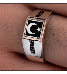 Erkek Gümüş Yüzük - Ay Yıldız Türk Bayrağı Siyah Zirkon Taşlı Erkek Yüzüğü
