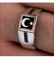 Erkek Gümüş Yüzük - Ay Yıldız Türk Bayrağı Siyah Zirkon Taşlı Erkek Yüzüğü